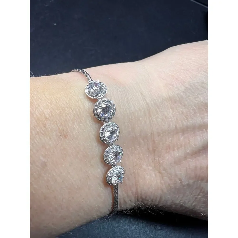 Sterling Silver CZ Halo Bolo Bracelet Adjustable Sparkle Slider Bracelet - Picture 3 of 15